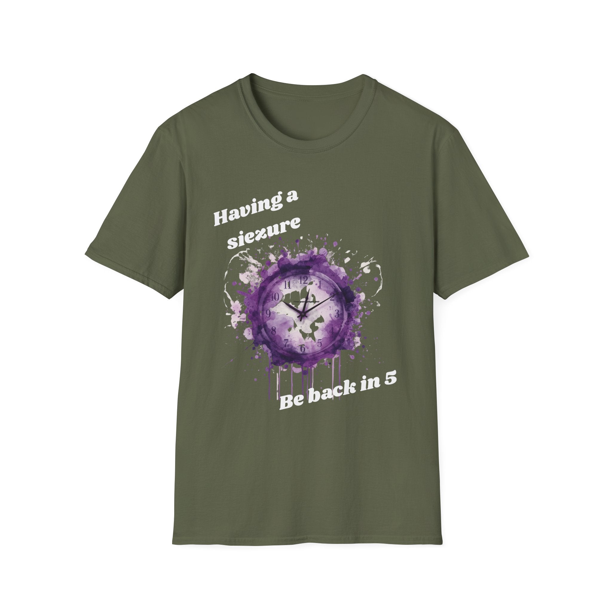 Having a Seizure Be Back in 5 T-Shirt | Purple Splash Clock Design
