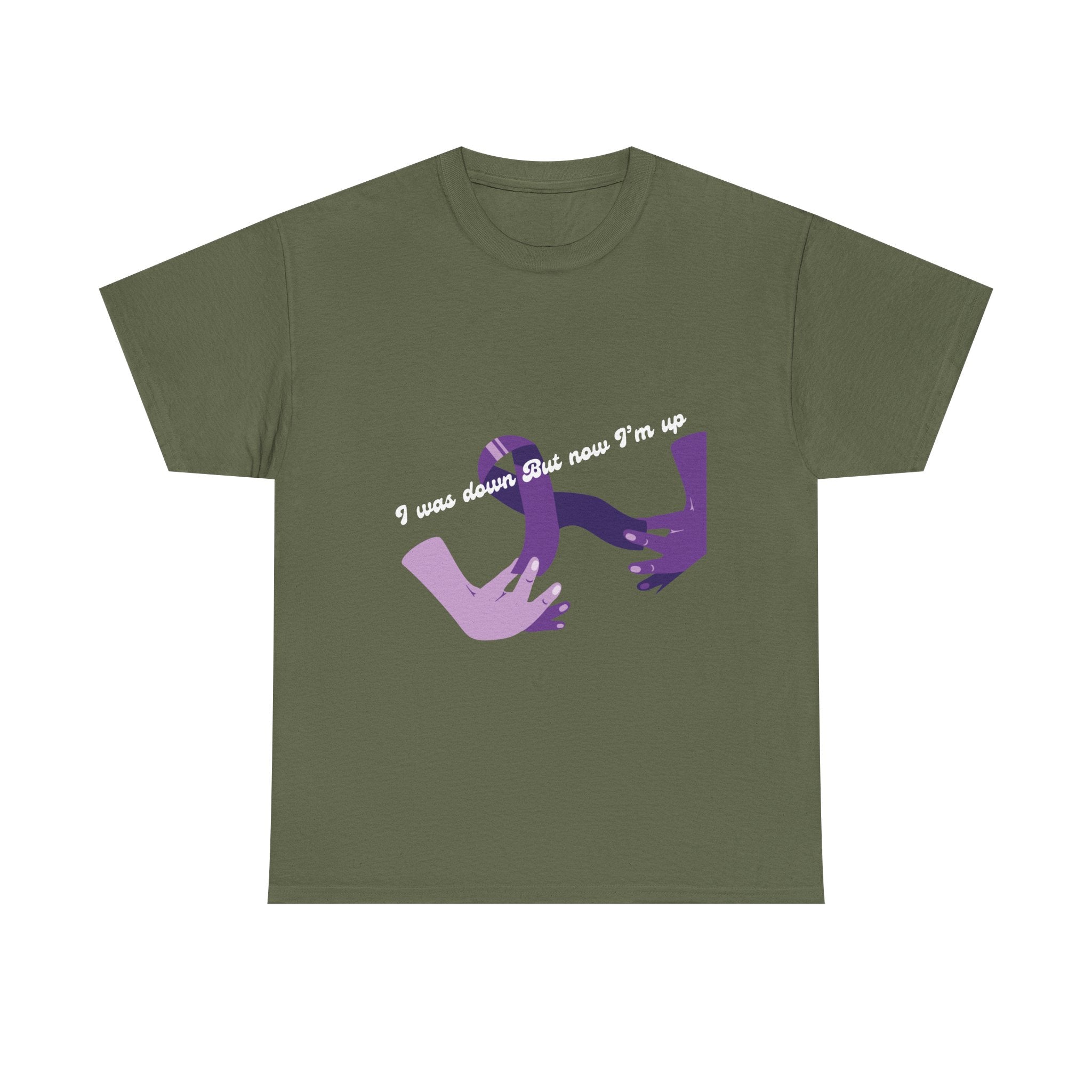 T‑Shirt — 'I was down but now I'm up' Purple Helping Hands Graphic Tee