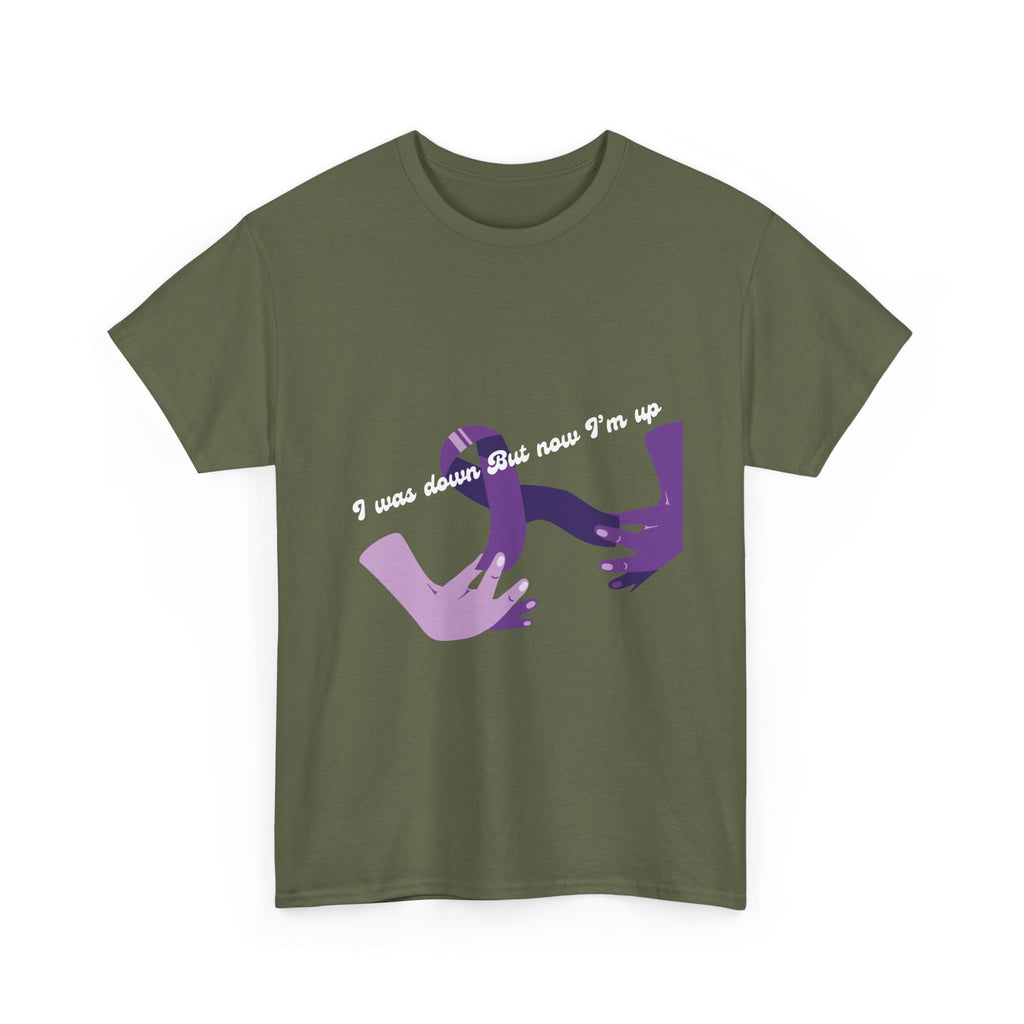 T‑Shirt — 'I was down but now I'm up' Purple Helping Hands Graphic Tee