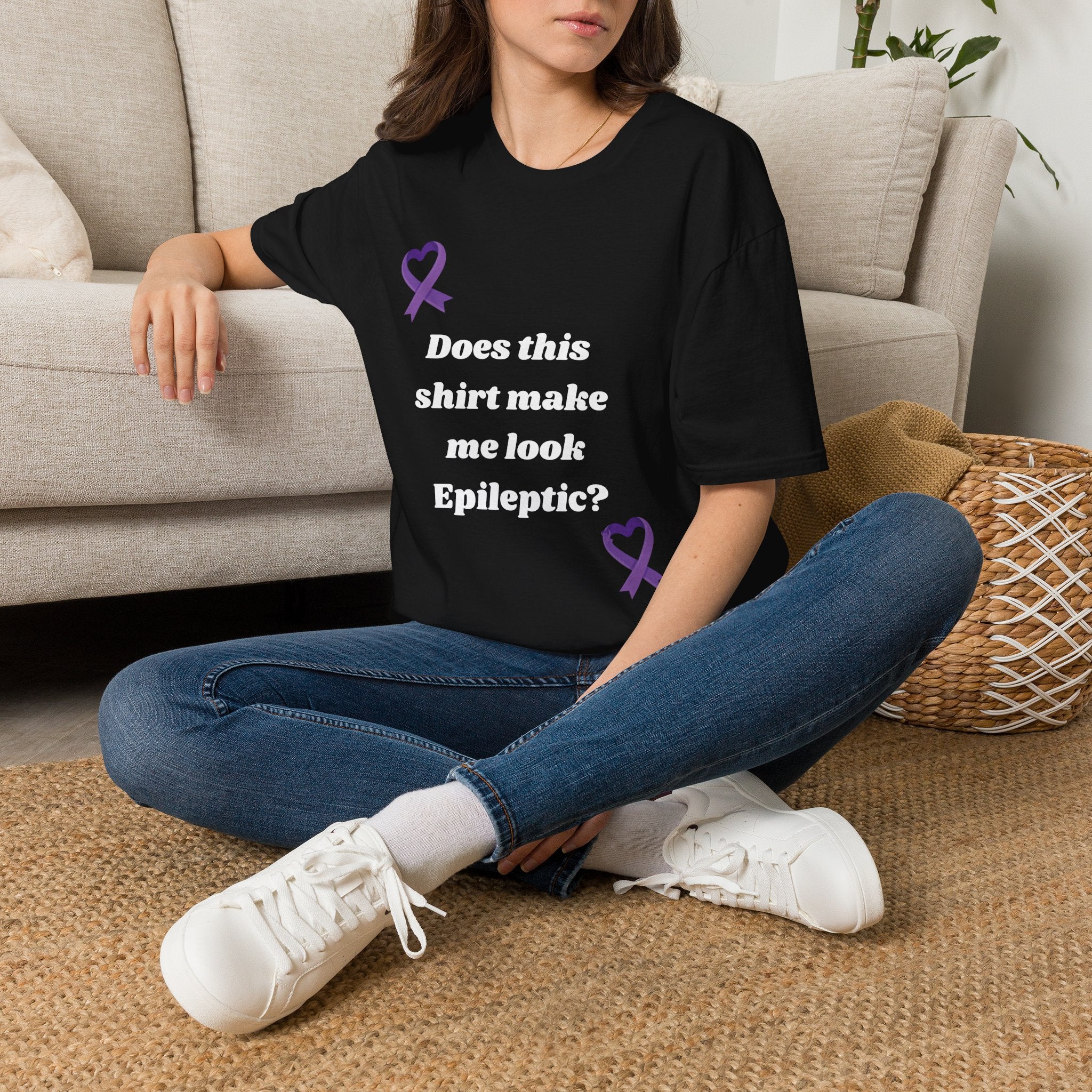 Does this shirt make me look Epileptic? T-Shirt | Epilepsy Awareness purple ribbon