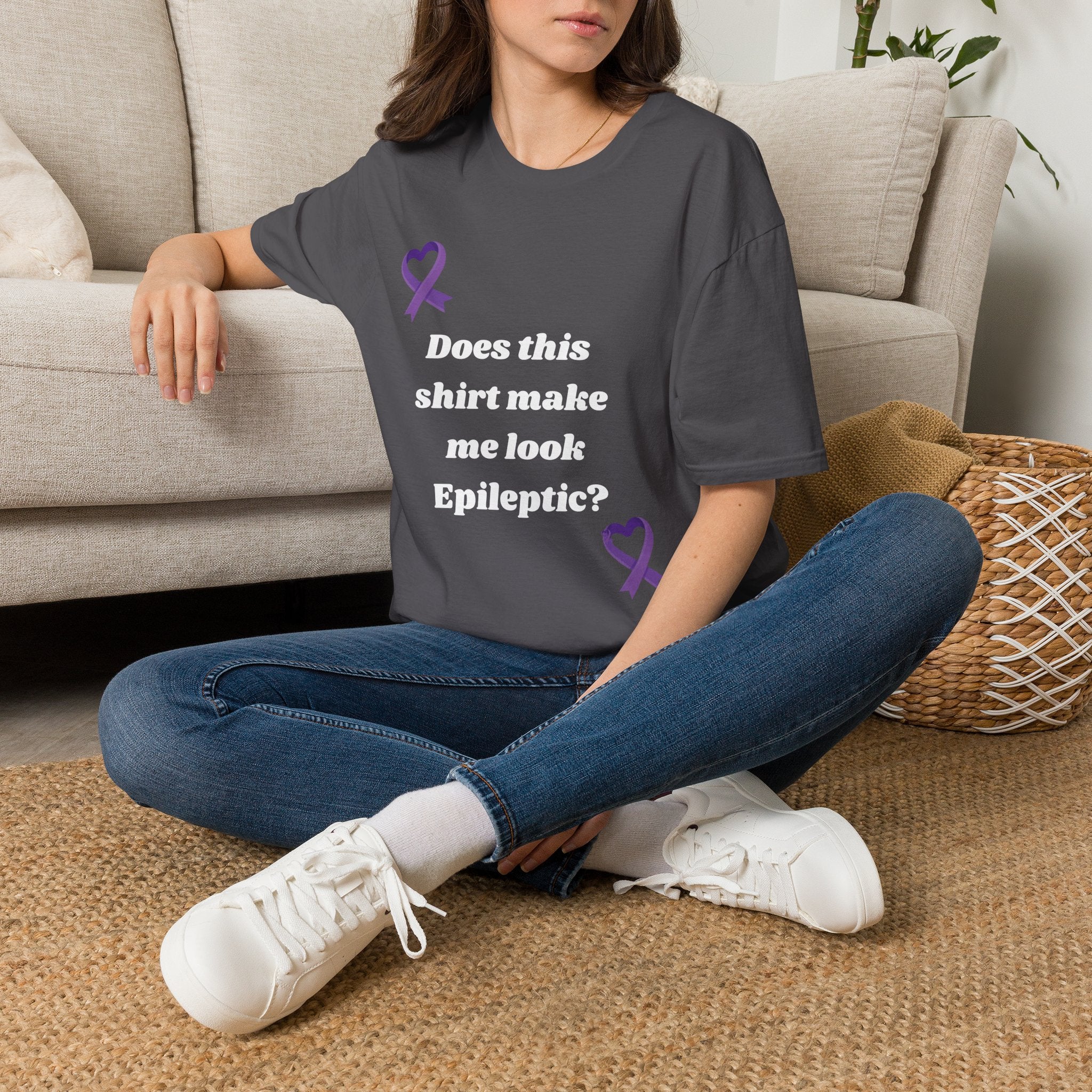 Does this shirt make me look Epileptic? T-Shirt | Epilepsy Awareness purple ribbon